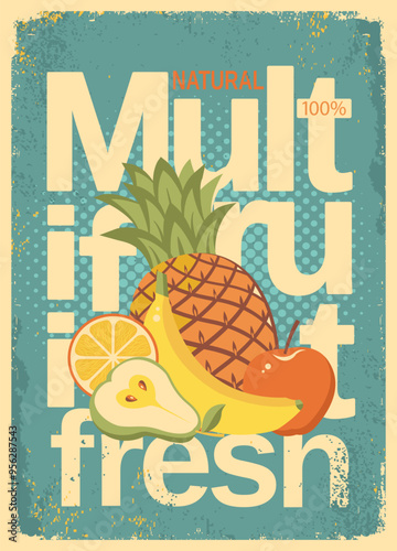 Multifruit vintage Poster Background with text. Vector summer multifruit Fresh Juice red blue style illustration with text on old paper Background texture