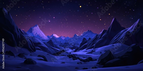 2D illustration featuring a night scene in the mountains created through 3D cartoon rendering Digital art