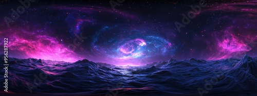 360 degree space background with nebula and stars depicted in a 3D cartoon rendering featuring equirectangular projection and an HDRI spherical panorama