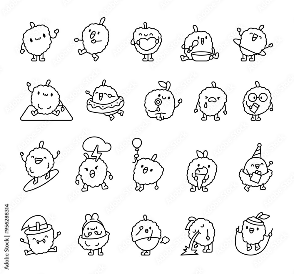 Obraz premium Cute lychee character. Coloring Page. Funny kawaii fruit. Hand drawn style. Vector drawing. Collection of design elements.