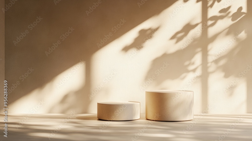 Top view of two contemporary beige geometric round cylinder pedestals illuminated by sunlight casting shadows on the wall ideal for showcasing luxury beauty and skincare products in a 3D setting