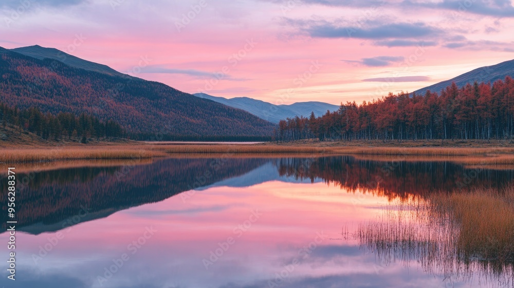 Fototapeta premium Pink Sky And Mirror Like Lake On Sunset With Red Color Growth On Foreground, Altai Mountains Highland Nature Autumn Landscape Photo