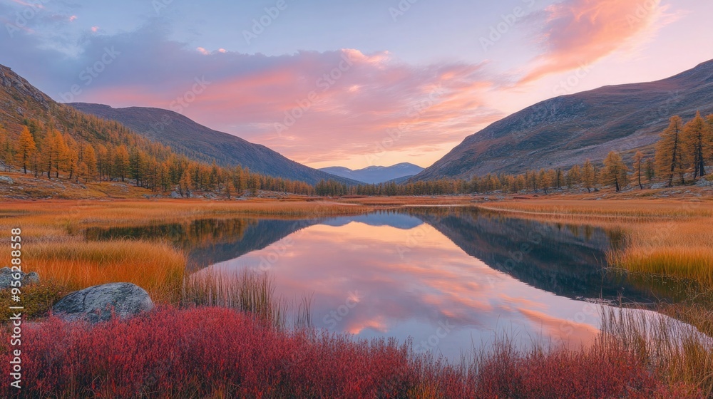 Fototapeta premium Pink Sky And Mirror Like Lake On Sunset With Red Color Growth On Foreground, Altai Mountains Highland Nature Autumn Landscape Photo