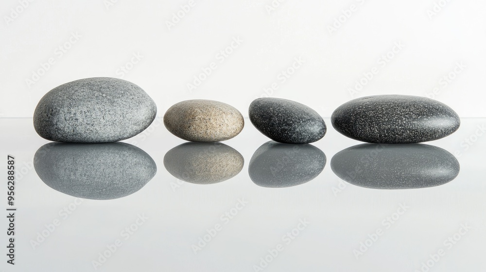 Reflective patterns created by Zen stones on a white backdrop Reflective patterns created by Zen stones on a white backdrop