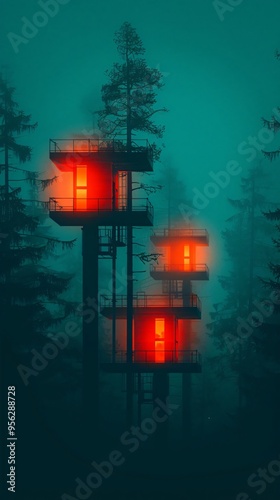 Glowing Cabins in the Foggy Forest at Night