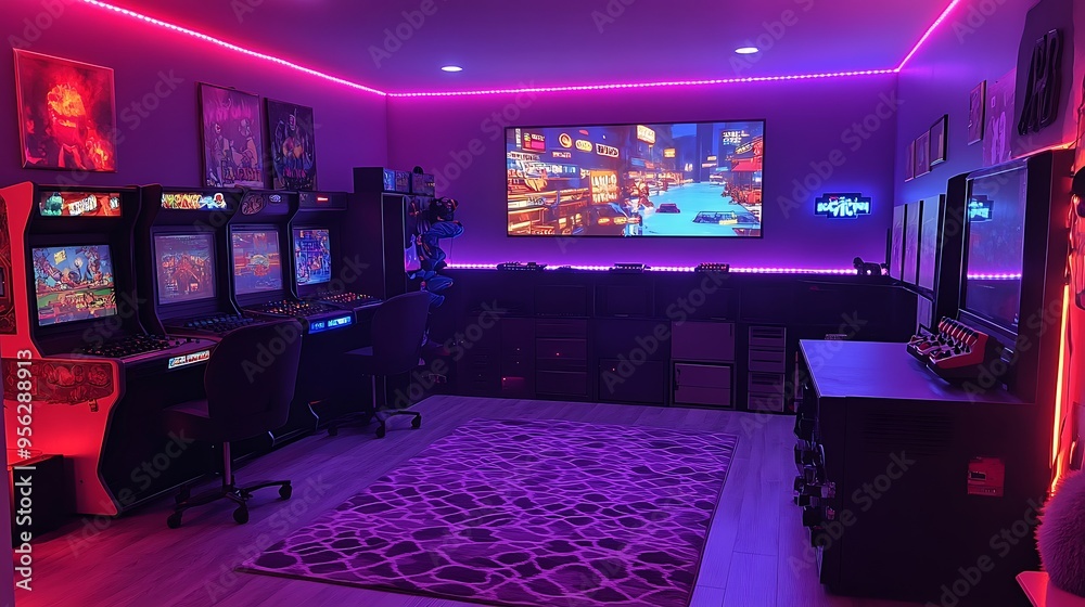 A vibrant retro arcade room, with bright neon pink and blue lights illuminating classic arcade machines, pixelated characters on the walls, and a patterned carpet reminiscent of the 80s, A vibrant retro arcade room, with bright neon pink and blue lights illuminating classic arcade machines, pixelated characters on the walls, and a patterned carpet reminiscent of the 80s,