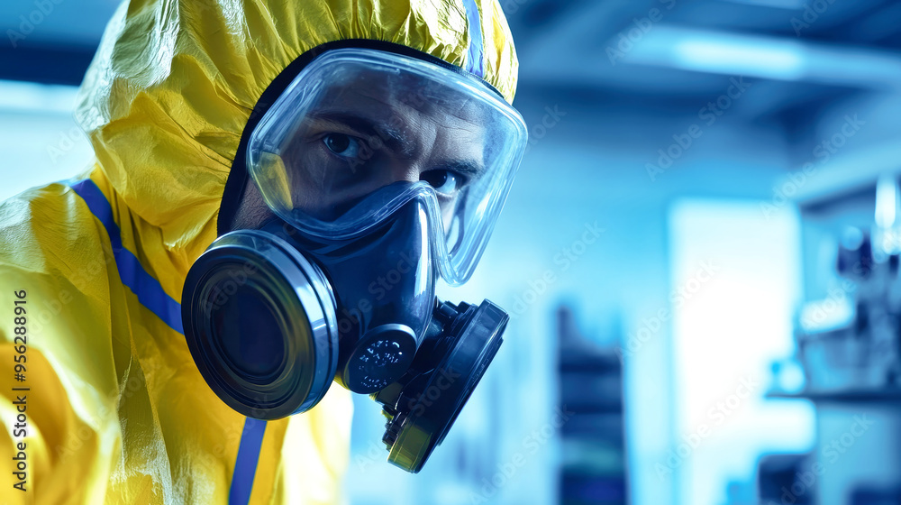 A dedicated worker in a bright yellow hazmat suit and gas mask prepares for tasks in a modern laboratory, highlighting safety and professionalism in science A dedicated worker in a bright yellow hazmat suit and gas mask prepares for tasks in a modern laboratory, highlighting safety and professionalism in science