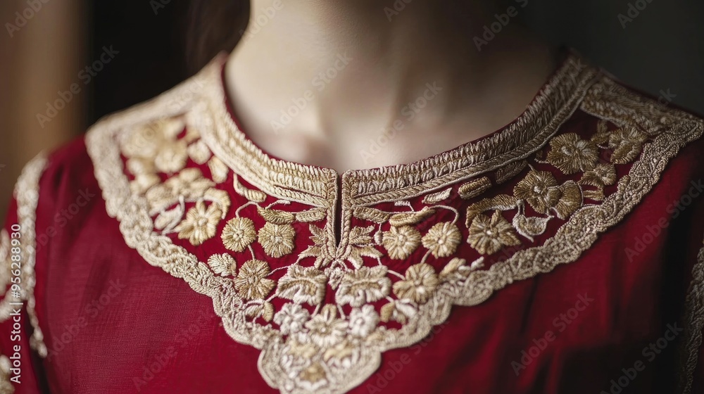 Embroidered neckline and border lace design featuring intricate Mughal inspired motifs Embroidered neckline and border lace design featuring intricate Mughal inspired motifs