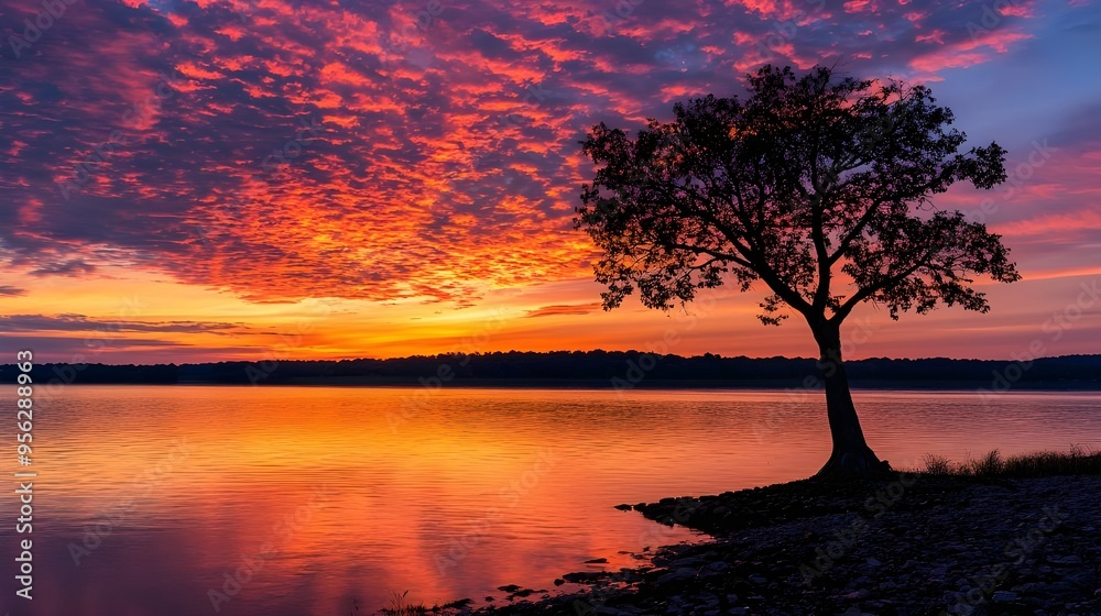 A picturesque sunset over a calm lake, with the sky painted in shades of orange, pink, and purple, and the water reflecting the vibrant colors. A picturesque sunset over a calm lake, with the sky painted in shades of orange, pink, and purple, and the water reflecting the vibrant colors.