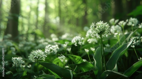 Allium ursinumknown a wild garlic ramson cowleekes buckrams broad leaved garlic wood garlic bear leek plants grow in the wood Wild herbs with white flower close up photo