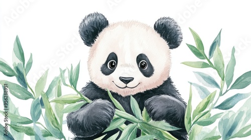 Watercolor Panda Illustration with Green Leaves
