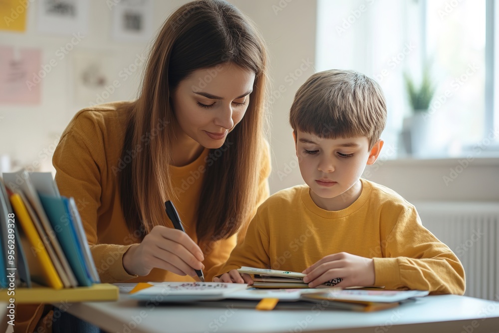 Teacher helping boy with learning difficulty at desk Teacher helping boy with learning difficulty at desk