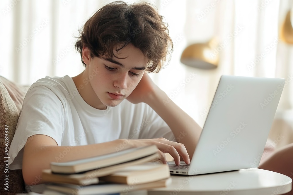 Teen studying on laptop with books at home Teen studying on laptop with books at home
