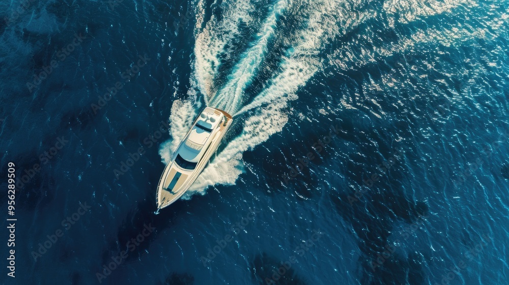 Obraz premium Motor boat in the sea Aerial view luxury motor boat Drone view of a boat sailing Top view of a white boat sailing to the blue sea Travel image