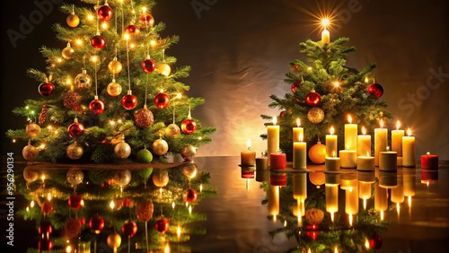 reflection of christmas tree with candles and decorations in water photo