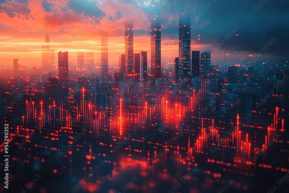 A dynamic double exposure blending a business chart with a vibrant cityscape, ideal for investment strategies, trading markets, and business presentations. A dynamic double exposure blending a business chart with a vibrant cityscape, ideal for investment strategies, trading markets, and business presentations.