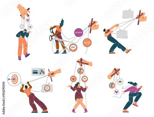 Set vector illustration of a puppet on strings, whose hands control money and career goals