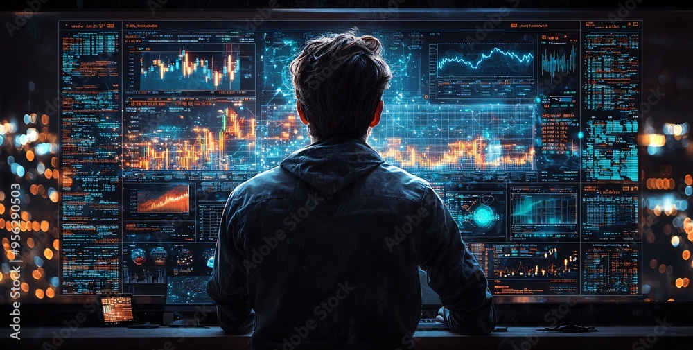 A finance trade manager analyzes stock market indicators for investment strategy using digital AI tools, perfect for business presentations and financial analysis. A finance trade manager analyzes stock market indicators for investment strategy using digital AI tools, perfect for business presentations and financial analysis.