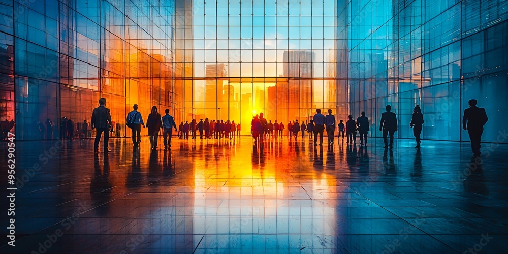 Blurred silhouette of office employees in a modern business building at sunset, ideal for corporate promotions, team-building events, or business presentations, with copy space. Blurred silhouette of office employees in a modern business building at sunset, ideal for corporate promotions, team-building events, or business presentations, with copy space.