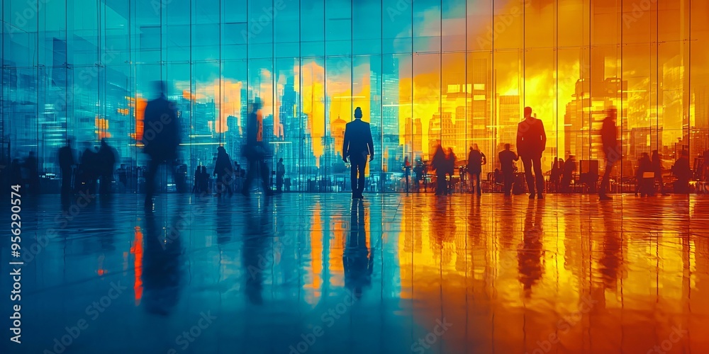 Obraz premium Blurred silhouettes of office employees in a vibrant blue and yellow business building, ideal for corporate branding, presentations, and business events with copy space.