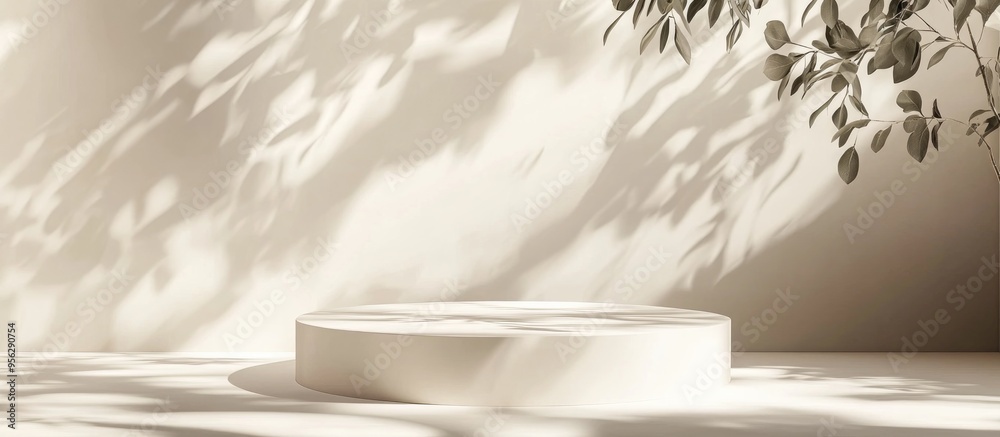 Empty beige and white podium illuminated by dappled sunlight with leaf foliage shadows on a cream wall and floor creating a backdrop suitable for luxury organic cosmetic and skincare product displ Empty beige and white podium illuminated by dappled sunlight with leaf foliage shadows on a cream wall and floor creating a backdrop suitable for luxury organic cosmetic and skincare product displ