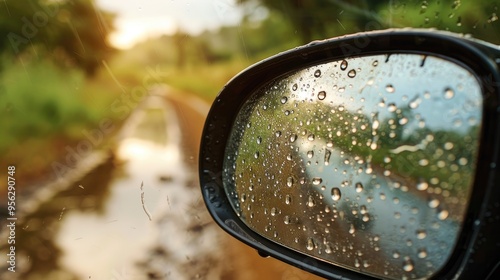 Raindrops on automobile side view mirror in rural setting photo