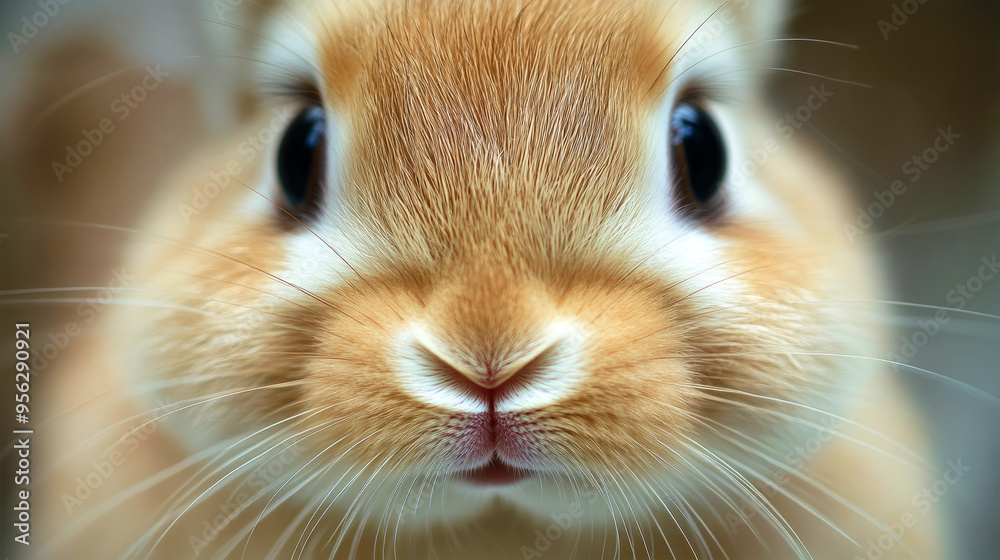 A baby rabbit stares wide-eyed with curiosity, illuminating her cute features in a captivating moment A baby rabbit stares wide-eyed with curiosity, illuminating her cute features in a captivating moment