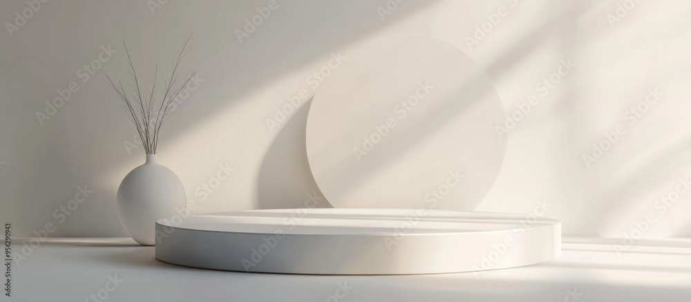 Abstract 3D rendering of a mock up podium designed for product display featuring an abstract minimalist concept and a geometric backdrop Abstract 3D rendering of a mock up podium designed for product display featuring an abstract minimalist concept and a geometric backdrop