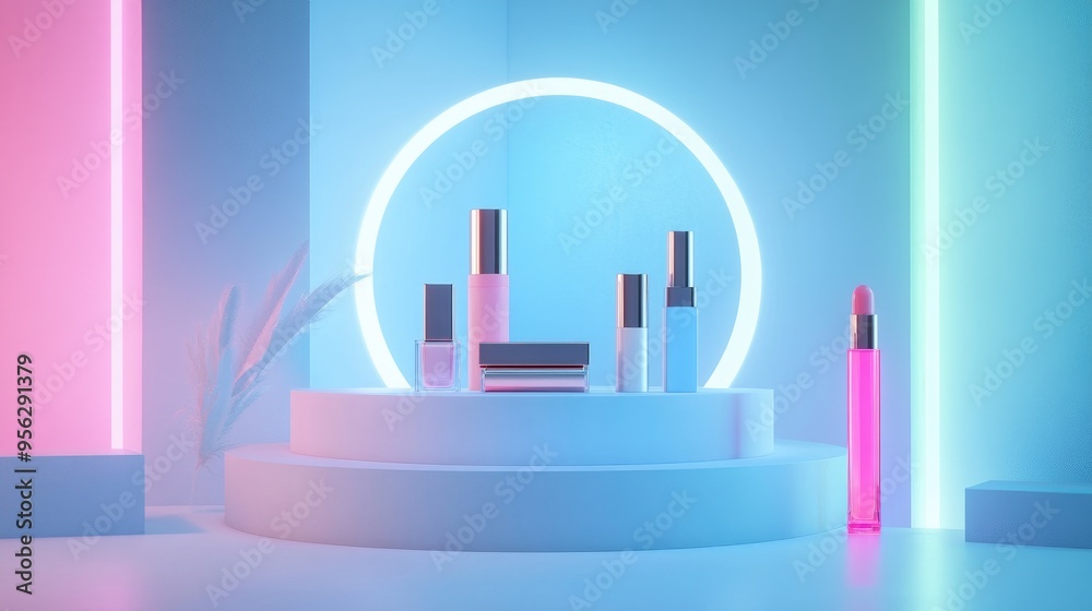 Bright neon lights illuminate a light blue backdrop An abstract scene on a white and blue podium showcases cosmetics in a 3D rendering of an empty platform Bright neon lights illuminate a light blue backdrop An abstract scene on a white and blue podium showcases cosmetics in a 3D rendering of an empty platform