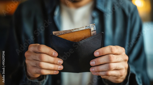 Worried Unemployed Man Opening Empty Wallet on Payday, No Cash in Purse, Financial Crisis, Inflation Impact, Struggling to Pay Bills, Economic Hardship, Stressful Money Situation photo