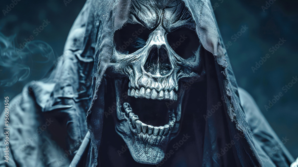 A chilling ghost with an open mouth and grim skull mask evokes fear, perfectly capturing the spirit of Halloween in a dark, eerie setting A chilling ghost with an open mouth and grim skull mask evokes fear, perfectly capturing the spirit of Halloween in a dark, eerie setting