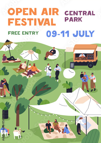 Open-air festival, poster design. Summer fest in park, outdoor event, holiday relaxation in nature. Advertising card, flyer, ad promotion placard, banner template. Flat graphic vector illustration
