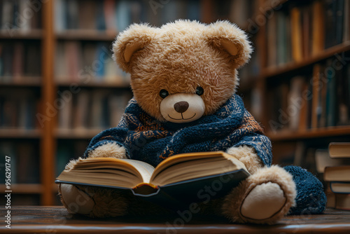 Teddy Bear Reading in Enchanted Library Setting.