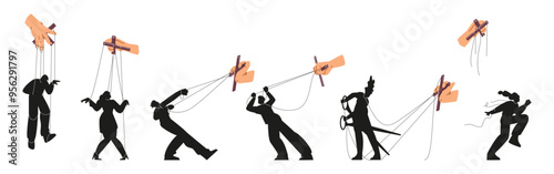 Set of vector illustrations depicting black silhouettes of marionette in the hands of a puppetee