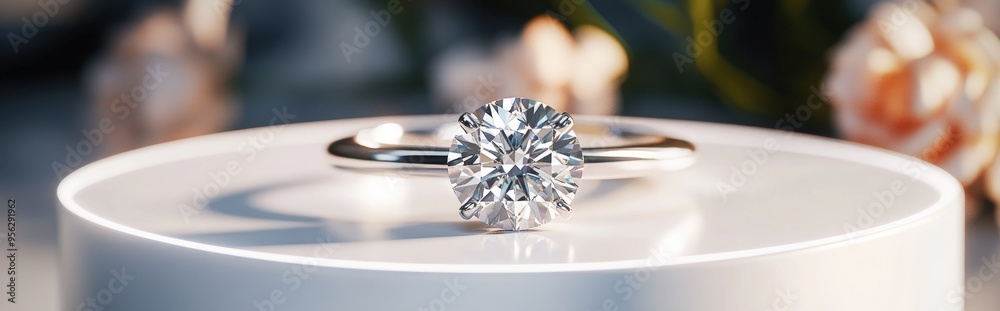 Diamond ring displayed on a glossy white circular pedestal 3D rendering Diamond ring displayed on a glossy white circular pedestal 3D rendering