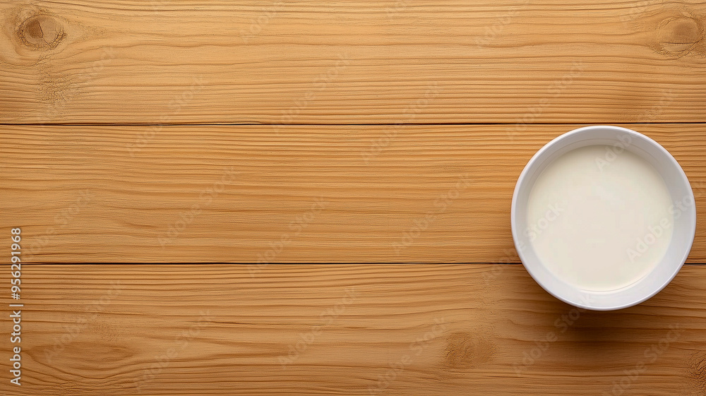 A white bowl filled with milk is centered on a textured wooden table. A white bowl filled with milk is centered on a textured wooden table.