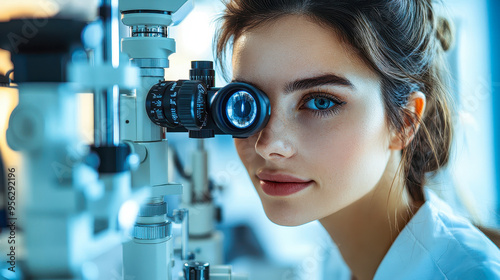 Young Female Optometrist Conducting Eye Exam Using Modern Equipment in Clinic Setting, Emphasizing Professional Healthcare, Vision Testing, Advanced Technology, and Patient Care photo