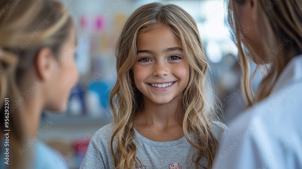 Loving Parent Checking in Child at Pediatric Clinic While Interacting with Smiling Nurse at Reception Desk Loving Parent Checking in Child at Pediatric Clinic While Interacting with Smiling Nurse at Reception Desk