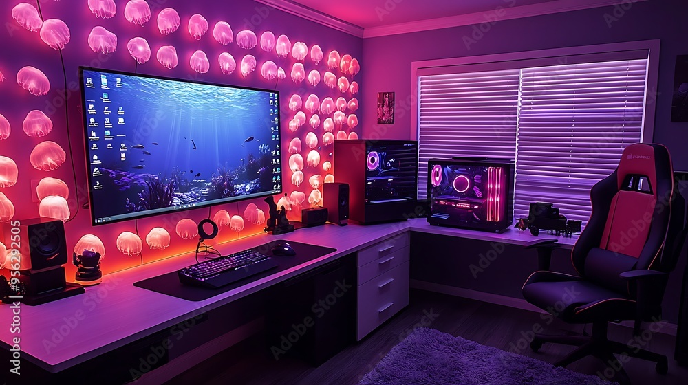 An ocean-themed gaming room, with soft blue lighting and coral reef-inspired furniture, featuring walls decorated with vibrant underwater murals and a gaming setup surrounded by jellyfish lamps, An ocean-themed gaming room, with soft blue lighting and coral reef-inspired furniture, featuring walls decorated with vibrant underwater murals and a gaming setup surrounded by jellyfish lamps,