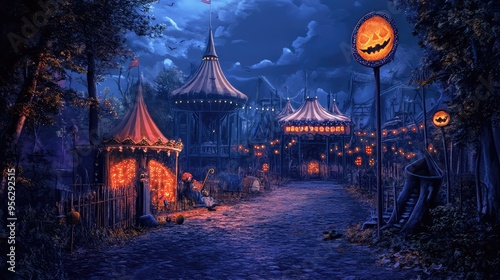 Halloween Haunted Circus at Night's End, Spooky 3D Digital Illustration. AI generated illustration.