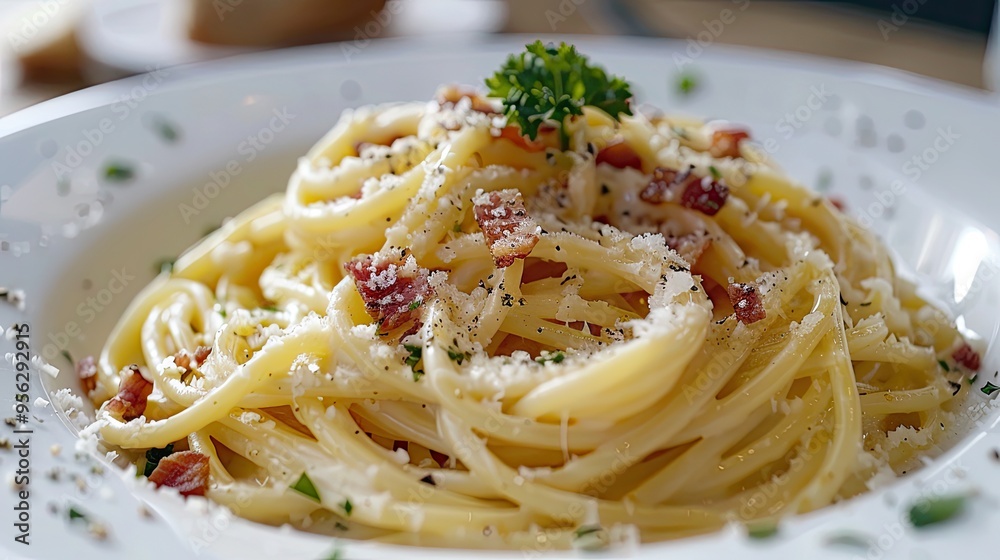 Spaghetti Carbonara with Unsmoked Bacon Pancetta Guanciale Heavy Cream spaghetti alla carbonara food in white plate on the table Spaghetti Carbonara with Unsmoked Bacon Pancetta Guanciale Heavy Cream spaghetti alla carbonara food in white plate on the table