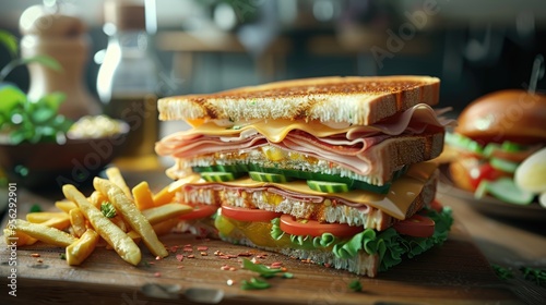 Club Sandwich with Cheese Pickled Cucumber Tomato and ham Garnished with French Fries photo