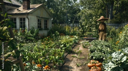 Vegetable garden in the garden of a house with a scarecrow photo