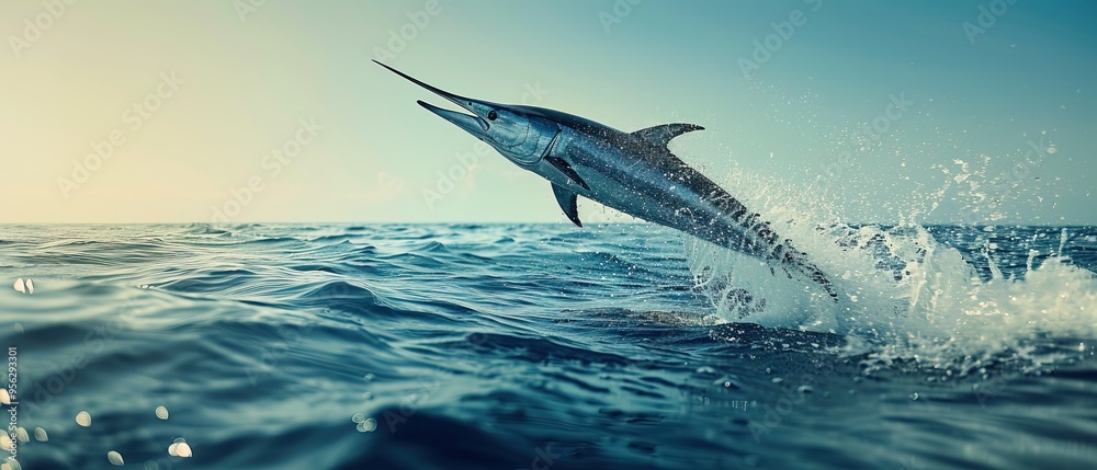 Fototapeta premium Close up Black marlin paus jumping to mid air over sea