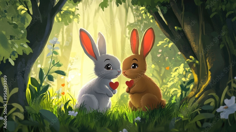 Adorable 2D cartoon bunnies in a forest glade capturing a springtime ...