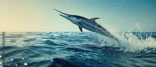 Close up Black marlin paus jumping to mid air over sea