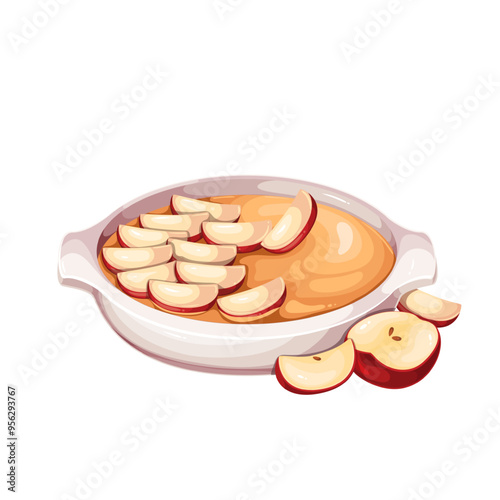 Making apple cartoon homemade pie. Layer apple slices on top of dough or caramel sauce in ceramic baking pan. Cooking process, pastry, bakery mascot, cartoon apple cake preparation vector illustration