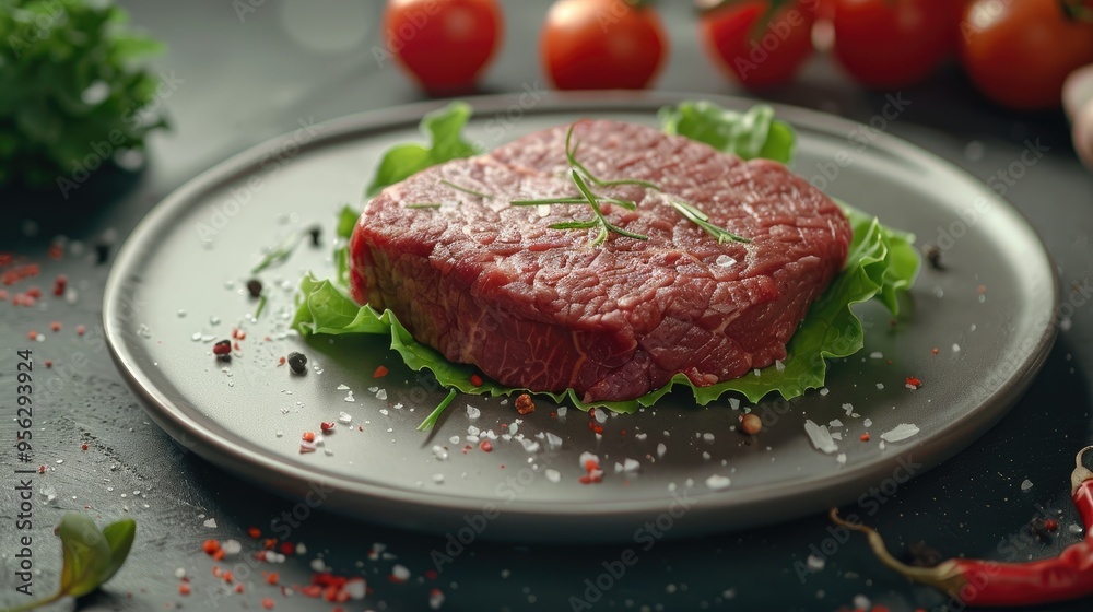Barbecue dry aged wagyu entrecote beef steak with lettuce and tomatoes as closeup on a modern design plate Barbecue dry aged wagyu entrecote beef steak with lettuce and tomatoes as closeup on a modern design plate