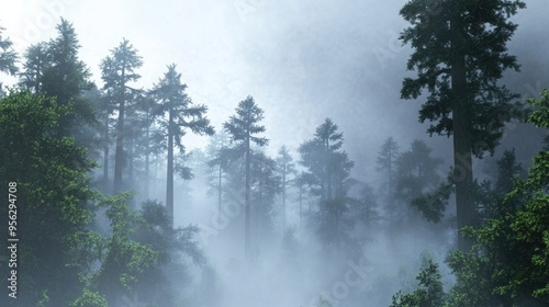 Trees in the fog. The smoke in the forest in the morning. A misty morning among the trees photo