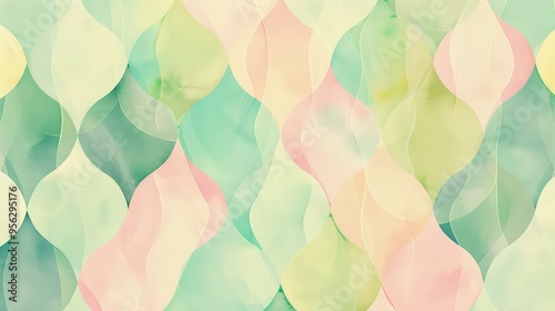 A repeating pattern of abstract watercolor shapes in pastel green, pink, and soft yellow, with each shape softly blending into its surroundings without any hard edges.